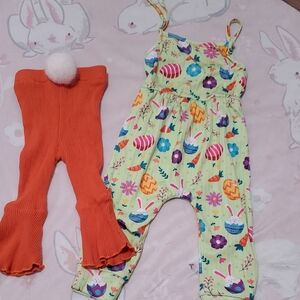 Easter Bunny Print Girls Romper with Bright Orange Bunny Tail Ribbed Leggings